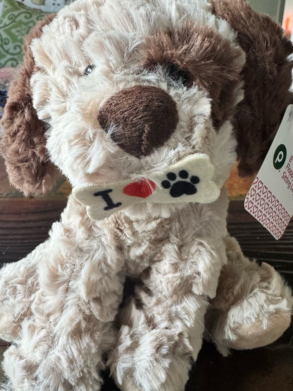 Plush Beige & Brown Puppy Dog Toy with 'I Love Paw' Bone